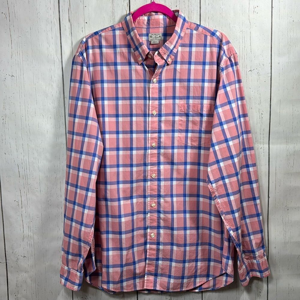 J.Crew Men’s Pink Blue Plaid Button Down Shirt Lightweight Cotton XL Preppy